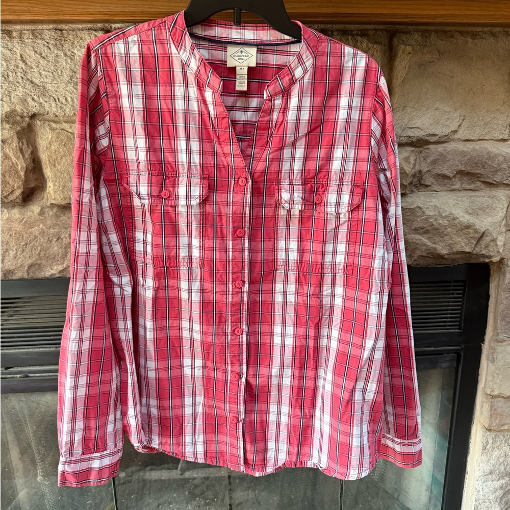 Womens Red & White Plaid Button Down Shirt